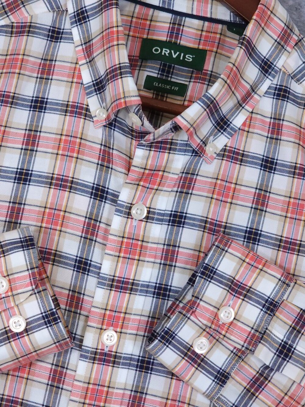 Orvis Mens Classic Fit Wrinkle Free Shirt Size L Coral Navy Windowpane Check